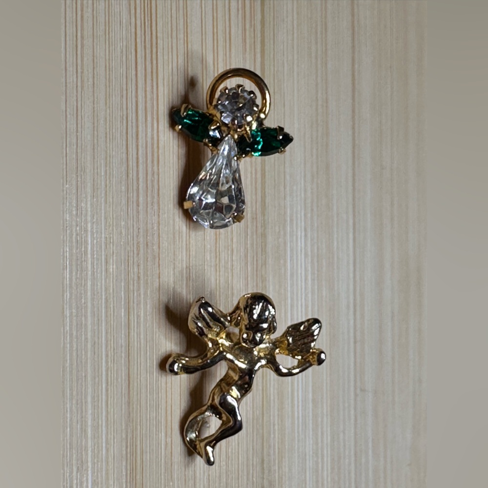 Vintage Gold Angel and Crystal Teardrop Mini Brooch Set